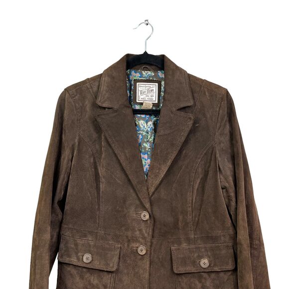 Ruff Hewn Womens Brown Leather Jacket Notch Collared Lined Button Flap Pockets L - Picture 2 of 5